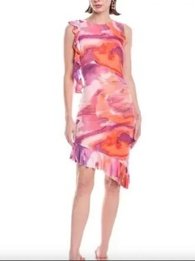 RACHEL Rachel Roy Summer Sunset Mesh Asymmetrical Ruffle Dress